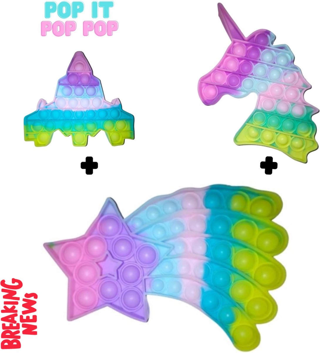 Fidget toys Pakket | 3 stuks Pop it Regenboog Multi Color | Straaljager + Eenhoor + Vallende Ster | Anti stress 2021 | Van Tik Tok | Meisjes jongens volwassenen | Verjaardag of Kerst cadeautip